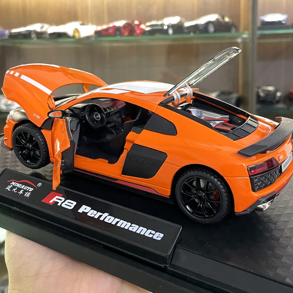 Mô hình xe sang Audi R8 V10 tỉ lệ 1/24 hãng Miniauto màu cam, ô tô audi ...